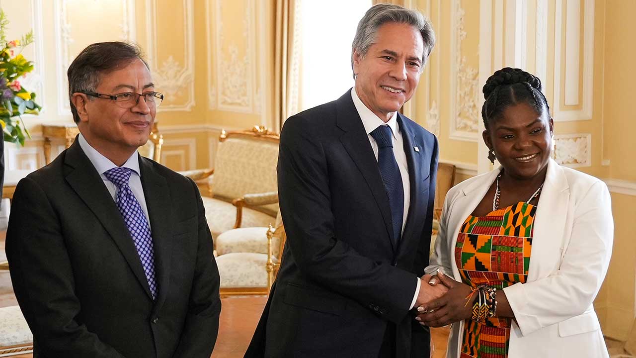 Presidente Gustavo Petro, el Secretario de Estado de los Estados Unidos, Antony Blinken y la Vicepresidenta Francia Márquez